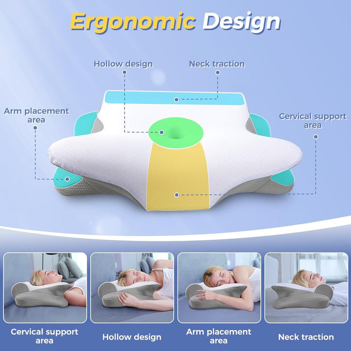 SAHEYER Pernă pentru gât, 2 în 1 Pernă ergonomică pentru susținerea gâtului și pernă pentru rularea gâtului, pernă ortopedică pentru dormitul lateral, pernă din spumă de memorie pentru dormitul lateral, dorsal și abdominal