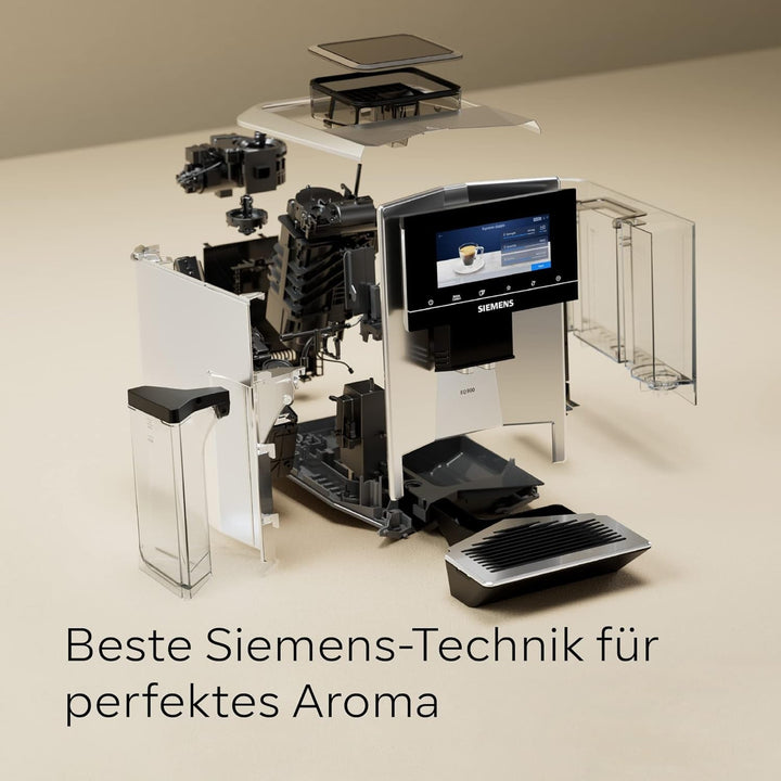 Siemens EQ900 TQ903D03 aparat de cafea complet automat, control prin aplicație, afișaj intuitiv full-touch, mod barista, stimulare aromă, reducere zgomot, râșniță premium, curățare automată cu abur, 1500 W, oțel inoxidabil