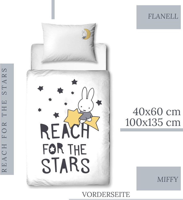 Termana Miffy Babybettwäsche 135X100 Flanell Biber, 1 Kissenbezug 40X60 + 1 Bettbezug 100X135 Cm, Miffy Hase Kinder-Bettwäsche Mädchen & Jungeb