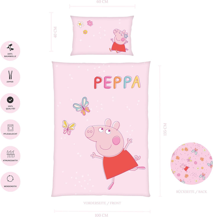 Peppa Wutz Kinder-Bettwäsche-Set | 100X135 Cm Deckenbezug + 40X60 Cm Kissenbezug | Atmungsaktive Baumwolle | Mit Reißverschluss | Peppa Pig Schmetterling in Rosa | Geschenkidee Mädchen