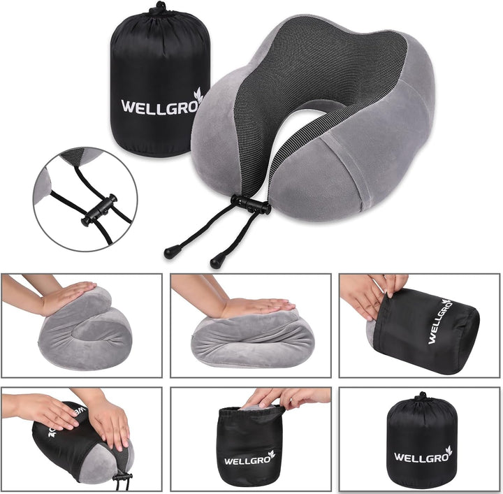 Set de perne pentru gât WELLGRO cu mască de somn 3D și dopuri pentru urechi - Husă detașabilă - Spumă cu memorie - Închidere cu fermoar - Inclusiv geantă de depozitare - Pernă de călătorie - Culoare selectabilă, Culoare:Gri