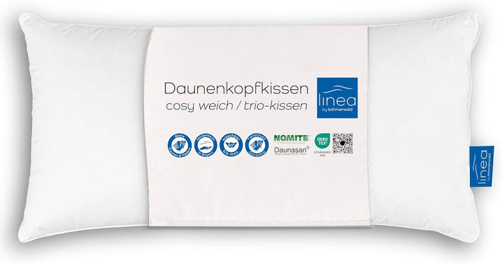 LINEA by Böhmerwald - Cosy - Pernă moale cu 3 camere, 80 X 80, Interior:100% pene, Camere exterioare:90% puf/10% pene, Potrivit pentru alergici, Lavabil până la 60°C, Produs în Germania