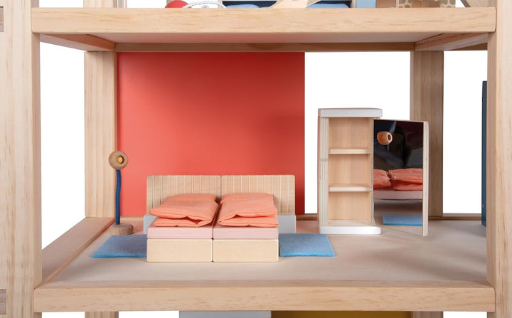 Casă de păpuși din lemn Small Foot, culori naturale - 3 etaje cu terasă pe acoperiș și set de mobilier din 51 de piese, încurajează jocul creativ, potrivită de la 3 ani, 12541