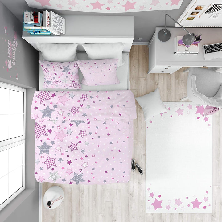 Bettwäsche 135X200 Sterne Kinder-Bettwäsche Rosa 80X80 + 135X200, 100% Baumwolle Biber, Reißverschluss, Kinderbettwäsche, Mädchenbettwäsche