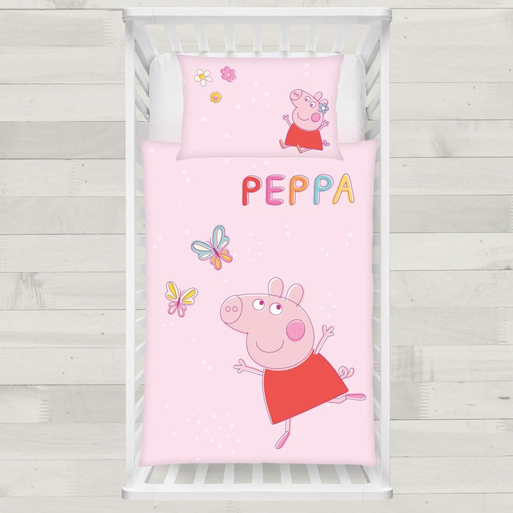 Peppa Wutz Kinder-Bettwäsche-Set | 100X135 Cm Deckenbezug + 40X60 Cm Kissenbezug | Atmungsaktive Baumwolle | Mit Reißverschluss | Peppa Pig Schmetterling in Rosa | Geschenkidee Mädchen