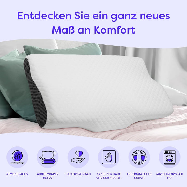 Pernă ortopedică Wolkenfeld, pernă pentru reducerea durerii de gât, pernă pentru gât din spumă cu memorie - pernă ergonomică pentru cap - pernă pentru dormit lateral pentru dormit lateral, spate și stomac