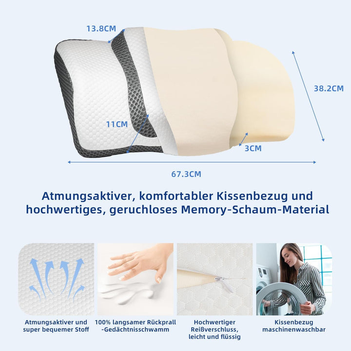 Pernă ortopedică, pernă ergonomică pentru gât, pernă pentru cap, pernă din spumă de memorie originală pentru părți laterale, sprijin pentru spate și stomac, pernă de sprijin pentru gât pentru bărbați, femei (67.3 X 38.2 X 13.8/3Cm)