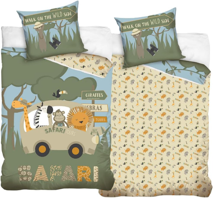 Kinder Bettwäsche Set Grün 135X200 80X80 Cm · Safari Tiere, Erdmännchen, Löwe, Zebra · 100% Baumwolle Mit YKK Reißverschluss · Sanft, Weich Für Mädchen