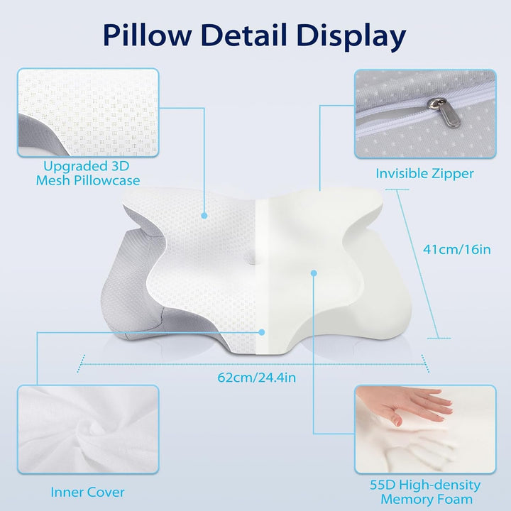 HOMCA Neck Pillow Pillow, Memory Foam Ergonomic Pillow 3D Cooling Pillow Cover For Supine, Side or Prone Position, 62 X 41 X 9.5/12.5 Cm