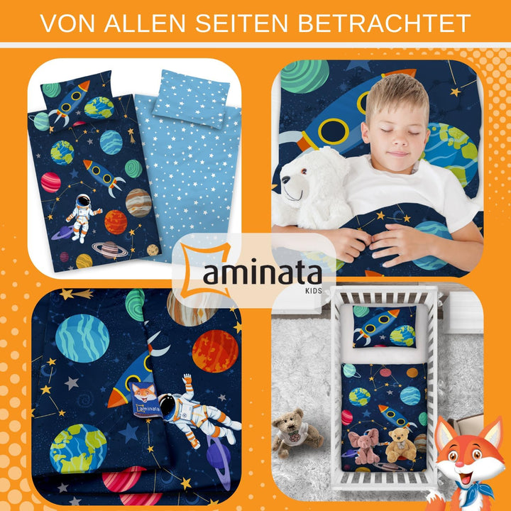 Aminata Kids Weltraum Bettwäsche Kinder 100X135 Cm 40X60 Cm - Kinderbettwäsche Weltall-Motiv - Jungen Rakete Baumwolle Reißverschluss Blau