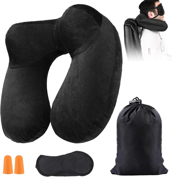 Pernă de călătorie gonflabilă, pernă de călătorie cu mască de somn + dopuri pentru urechi + sac de transport, super ușor și portabil, ideal pentru avion, mașină, casă, birou, negru