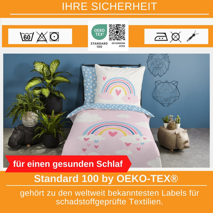 Aminata Kids Kinderbettwäsche 135X200 Cm Kinder Mädchen Baumwolle Regenbogen | Wende-Kinder-Bettwäsche-Set Wolke-N Herz-En | YKK Reißverschluss Rosa