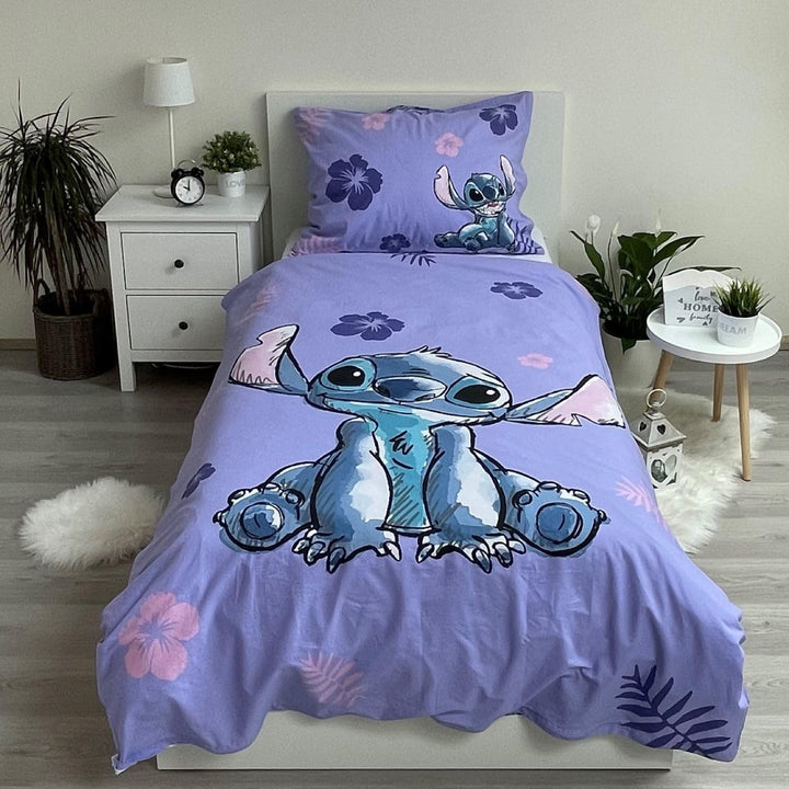 Kinder Bettwäsche Wendebettwäsche Lilo Und Stitch Mit Blumen Lila, Bettdeckenbezug 140X200 Cm, Kopflkissenbezug 70X90 Cm, 100% Baumwolle