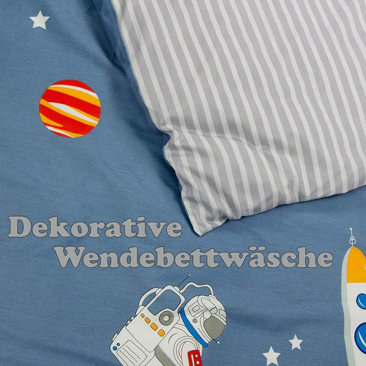 Kinderbettwäsche 135X200 Bettwäsche Für Kinder Jungen Mit Astronaut Und Rakete Muster 100% Baumwolle 80X80Cm Kissenbezug Mit Reißverschluss 2 Teilig Blau