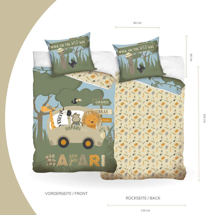 Kinder Bettwäsche Set Grün 135X200 80X80 Cm · Safari Tiere, Erdmännchen, Löwe, Zebra · 100% Baumwolle Mit YKK Reißverschluss · Sanft, Weich Für Mädchen